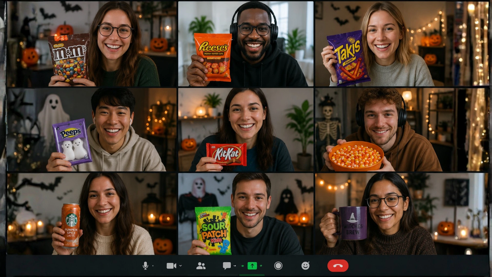 Remote team members sharing Halloween candy and snacks during a fun virtual Halloween icebreaker.