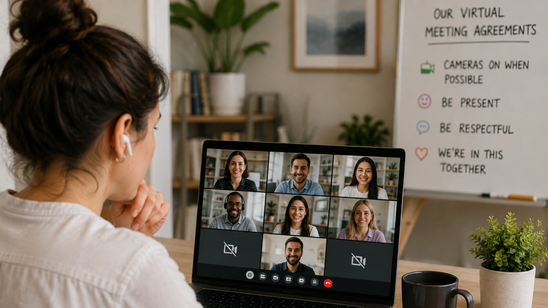 Remote employee watching a virtual team meeting on a laptop beside a list of virtual meeting agreements, including cameras on when possible, be present, and be respectful.