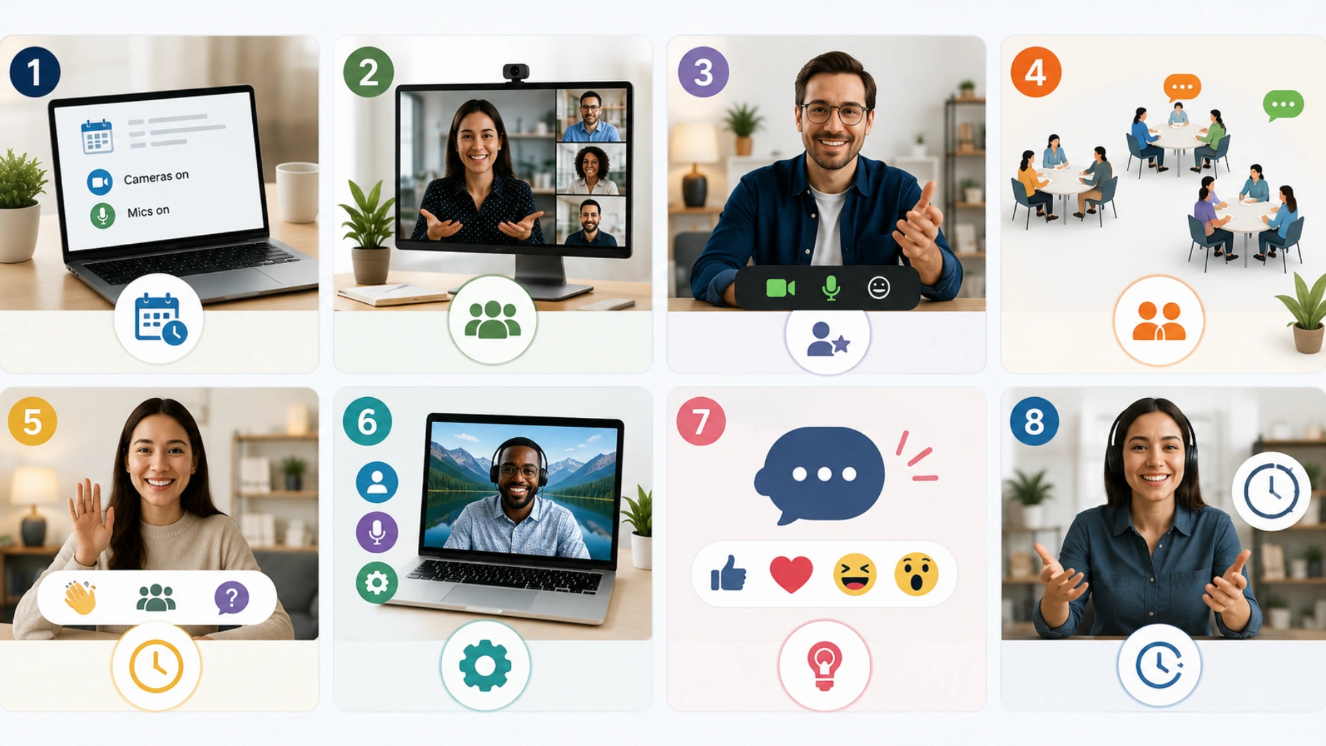 Illustration showing eight ways to encourage remote meeting participation, including camera and microphone use, scheduling, interaction, technical support, and engagement.