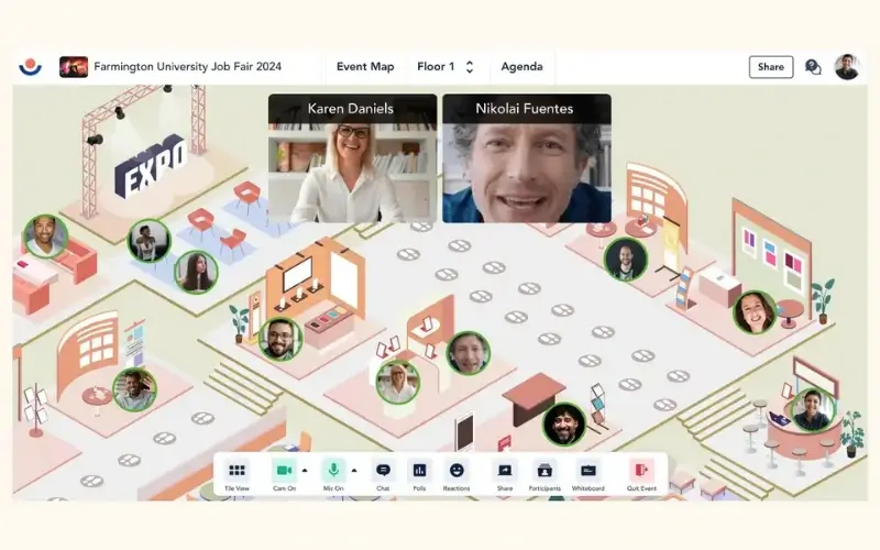 Remo virtual job fair interface featuring custom booth layouts, speaker video tiles, and participant avatars on an interactive floor plan.