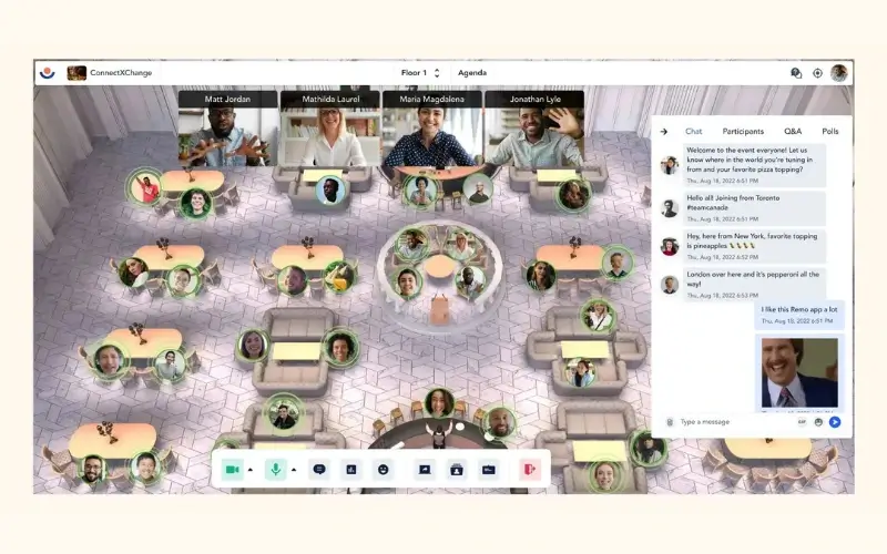 Interface of a Remo virtual event showing a 2D floor plan with interactive seating, video feeds, and a live chat panel.