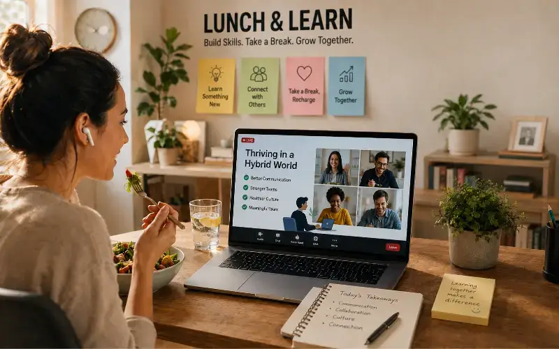A remote attendee joins a casual learning session while having lunch at home.