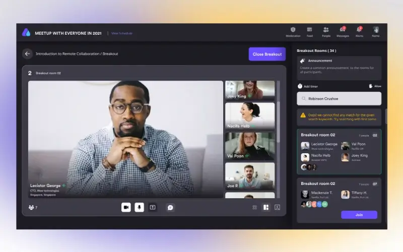 Airmeet virtual event interface showing breakout rooms, attendee video calls, and networking controls.