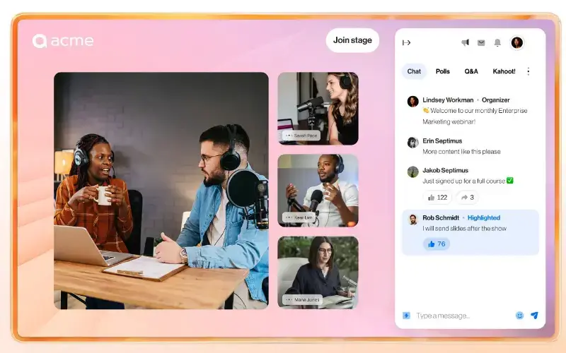 RingCentral Events webinar interface with speaker video, chat, polls, Q&A, and audience engagement features.