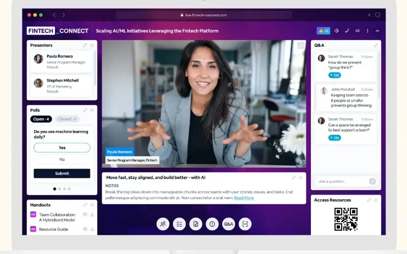BigMarker webinar interface with presenter video, polls, Q&A, handouts, and attendee engagement tools.