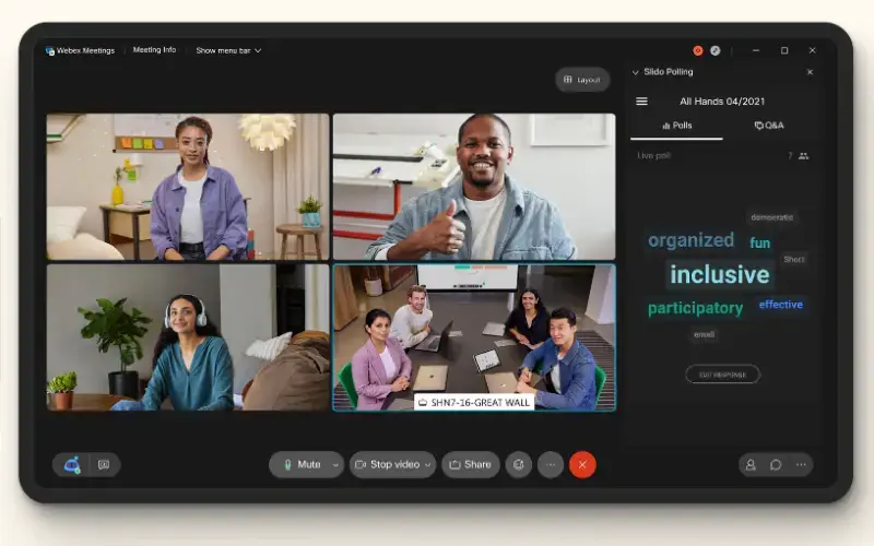 Webex Meetings interface showing participant video feeds, polls, Q&A, and meeting controls.