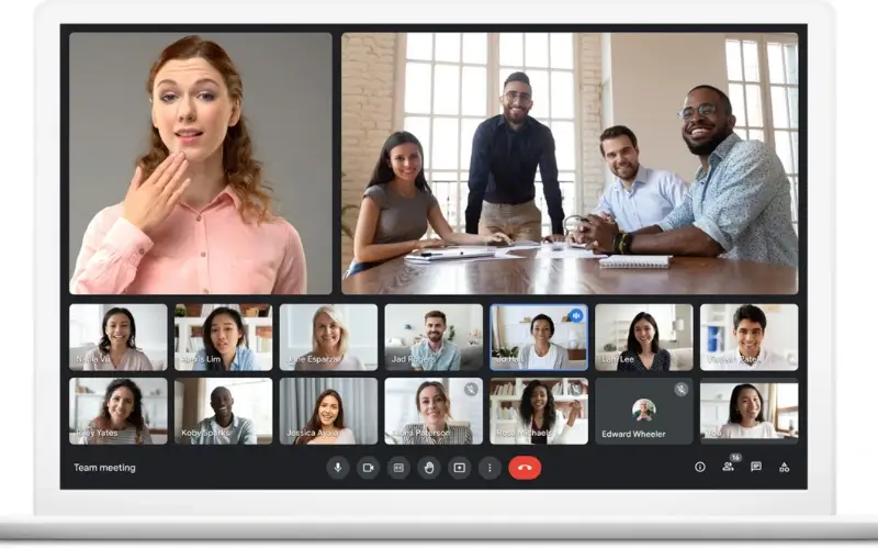 Google Meet interface displaying a team video meeting with multiple participants.