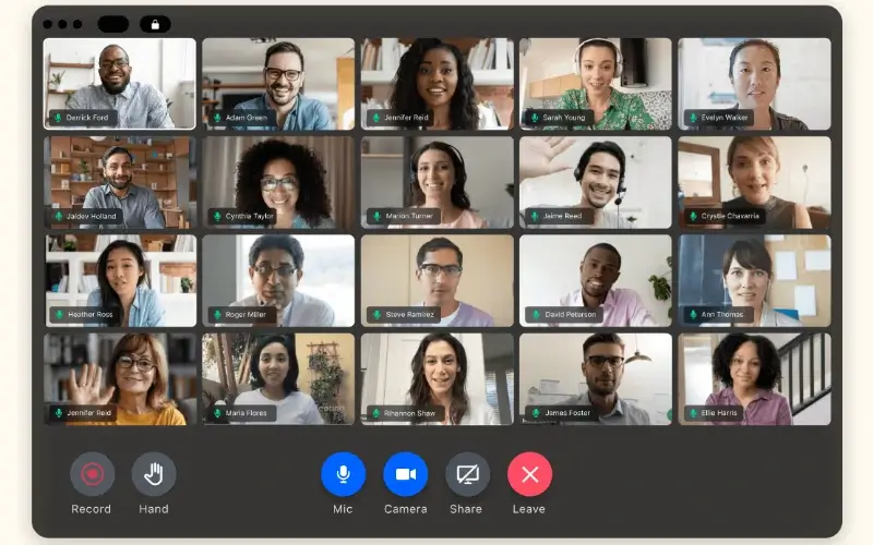 GoTo Meeting video conferencing interface showing multiple participants in a gallery view.