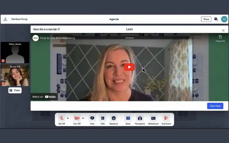 Remo platform showing attendees watching a how-to tutorial on using AI in marketing.