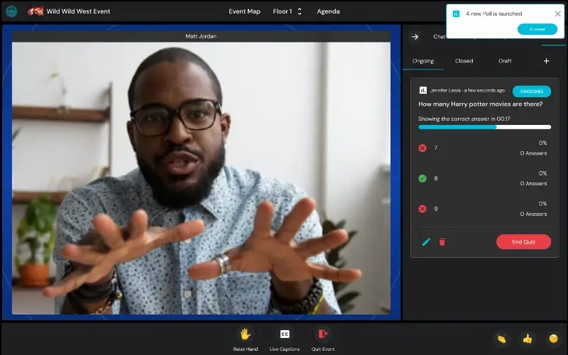 Remo platform showing a live poll during a myth-busting webinar as attendees choose an answer before the correct response is revealed.