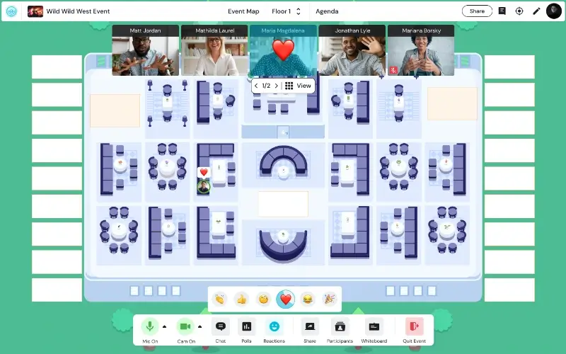 Remo platform showing attendees using live emoji reactions during a product demo webinar.