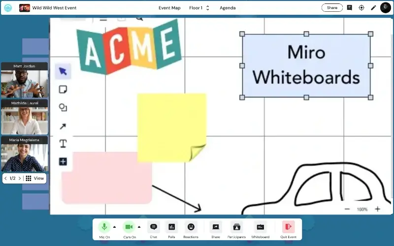 Remo platform displaying a collaborative Miro whiteboard with sticky notes and sketches during a hands-on virtual workshop.