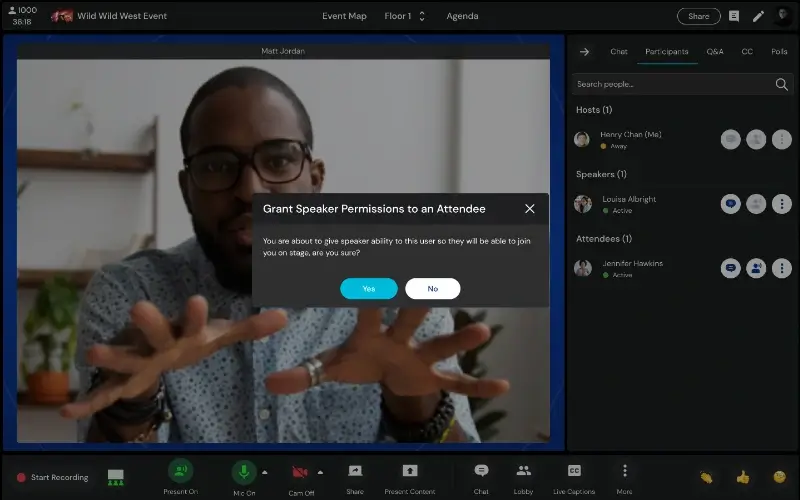 Remo platform showing a host inviting an attendee on stage so they can ask a question during a live webinar.