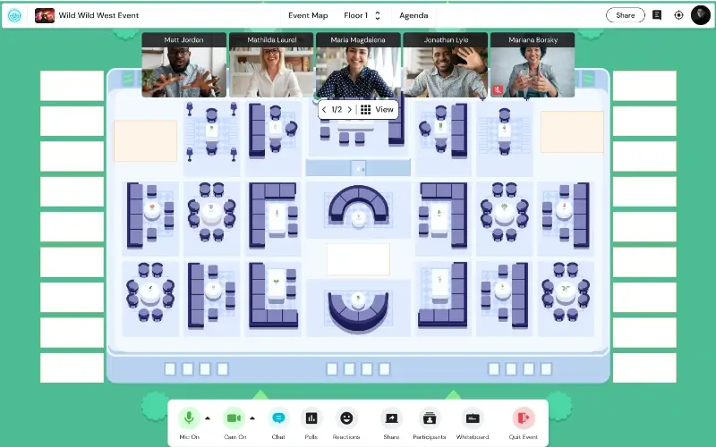Remo platform showing attendees gathered at virtual tables for small-group peer roundtable discussions.