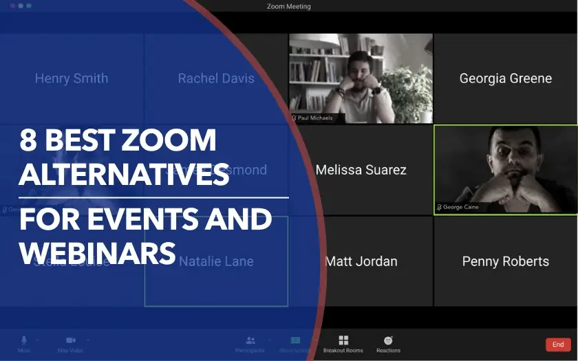 Graphic showing frustrated attendees in a Zoom meeting interface with the text “8 Best Zoom Alternatives for Events and Webinars.”