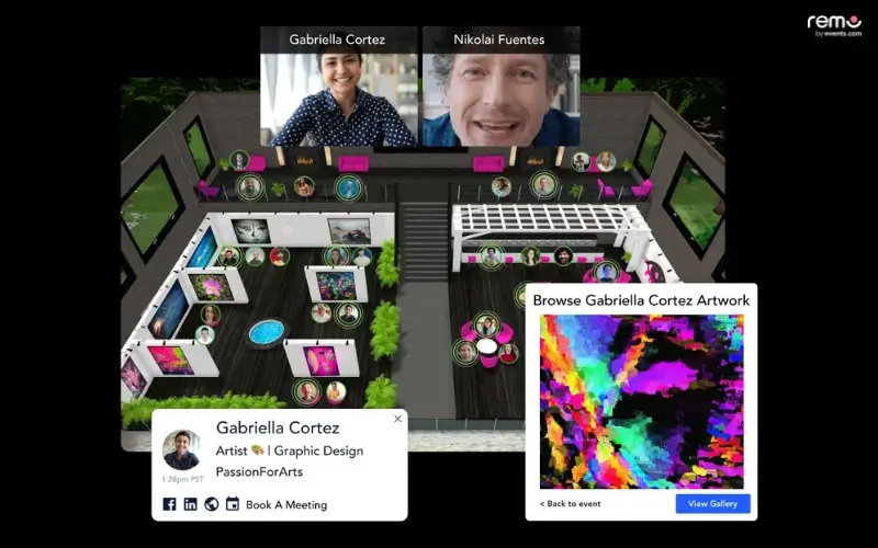 Top-down 2D floor plan view of a virtual art gallery event featuring video speaker tiles, interactive attendee avatars, and pop-up artwork details.