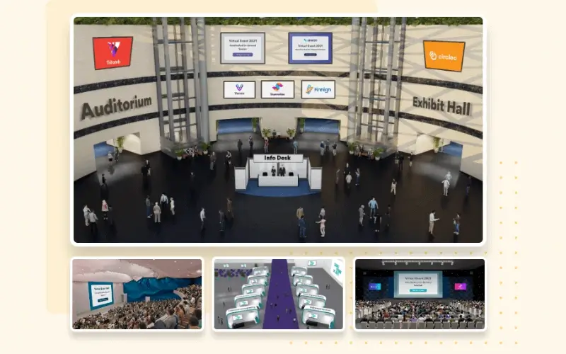 3D virtual event lobby featuring an information desk, entrance portals to an auditorium and exhibit hall, and smaller preview thumbnails below.