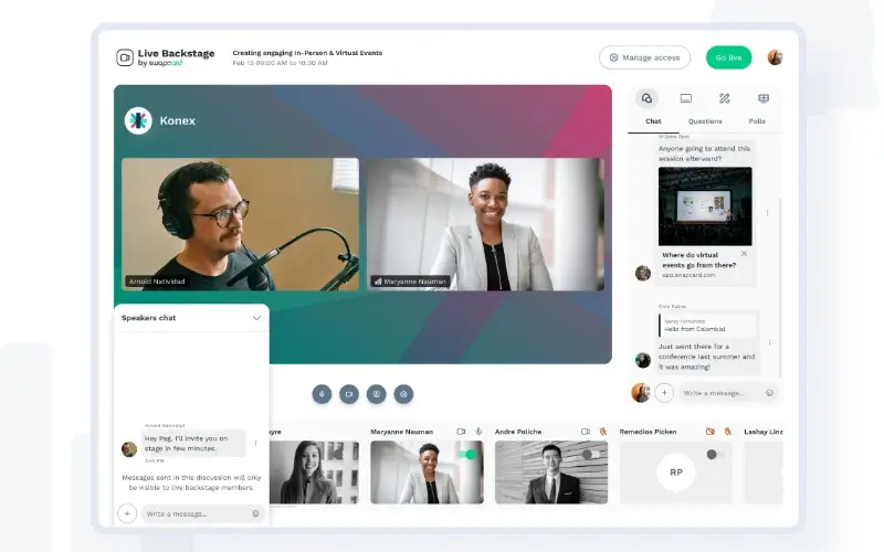 Virtual event backstage interface showing video feeds of two live presenters alongside interactive attendee chat and speaker controls.