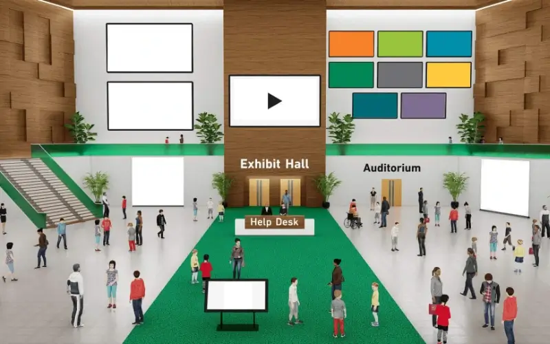 3D virtual convention hall featuring digital display screens, a central help desk, and attendee avatars on a green carpet walkway.