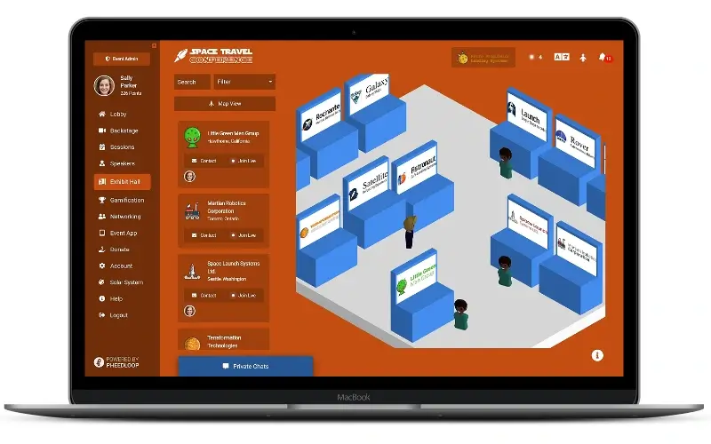 Isometric view of a 3D virtual exhibit hall layout with branded booths and attendee avatars on a laptop screen interface.