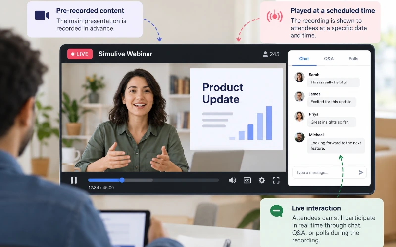 Simulive webinar showing pre-recorded presentation content with live chat, Q&A, and attendee interaction.