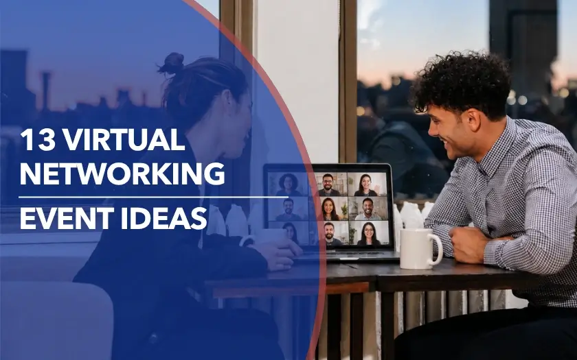 Two colleagues share a laptop showing a virtual networking event taking place and both of them are participating.