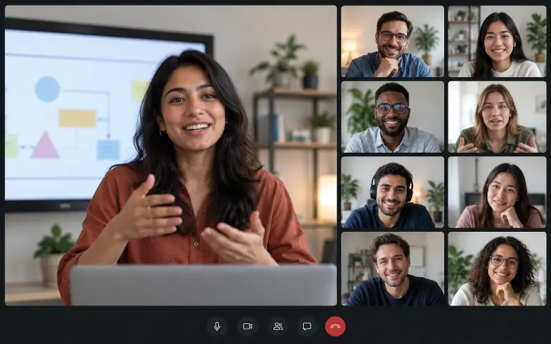 An online workshop presenter speaks to attendees during an interactive virtual session.