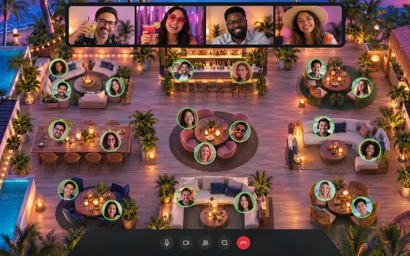 Attendees mingle at virtual tables in a tropical-themed online happy hour with drinks, music, and social spaces.