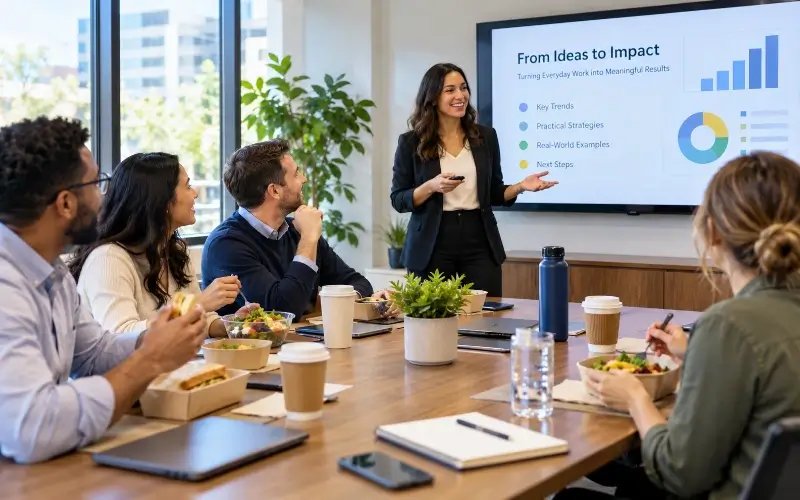 Colleagues eating lunch while listening to a presenter during an informal workplace learning session.