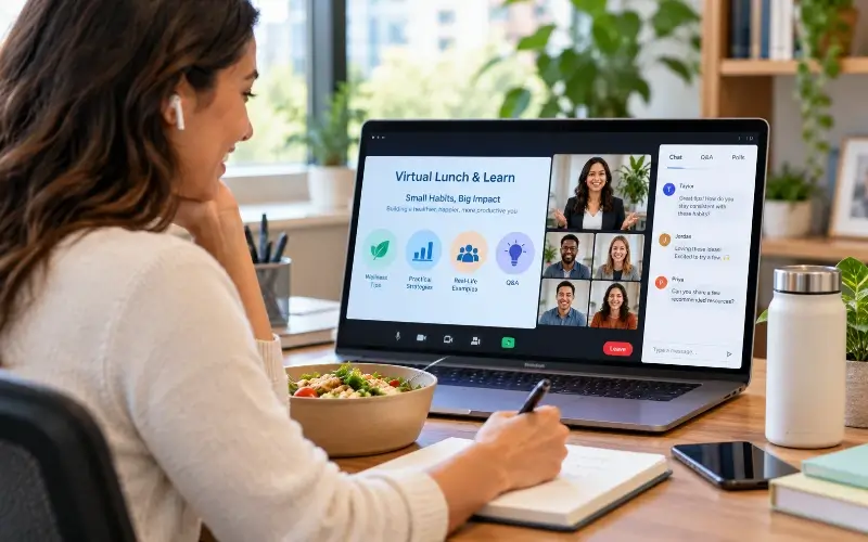 Professional joining a virtual lunch and learn on a laptop while eating lunch and taking notes.
