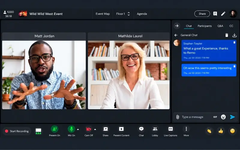 Virtual lunch and learn with two speakers, live chat, Q&A, and audience engagement tools on Remo.