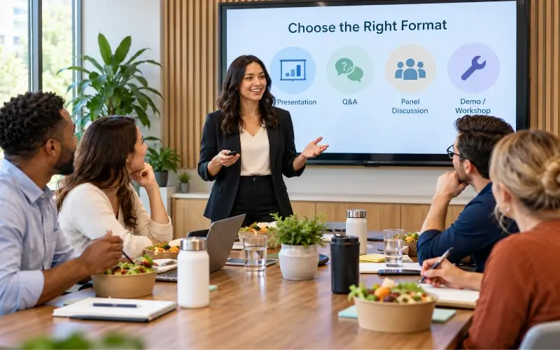 Presenter explaining different lunch and learn formats to colleagues gathered around a table.