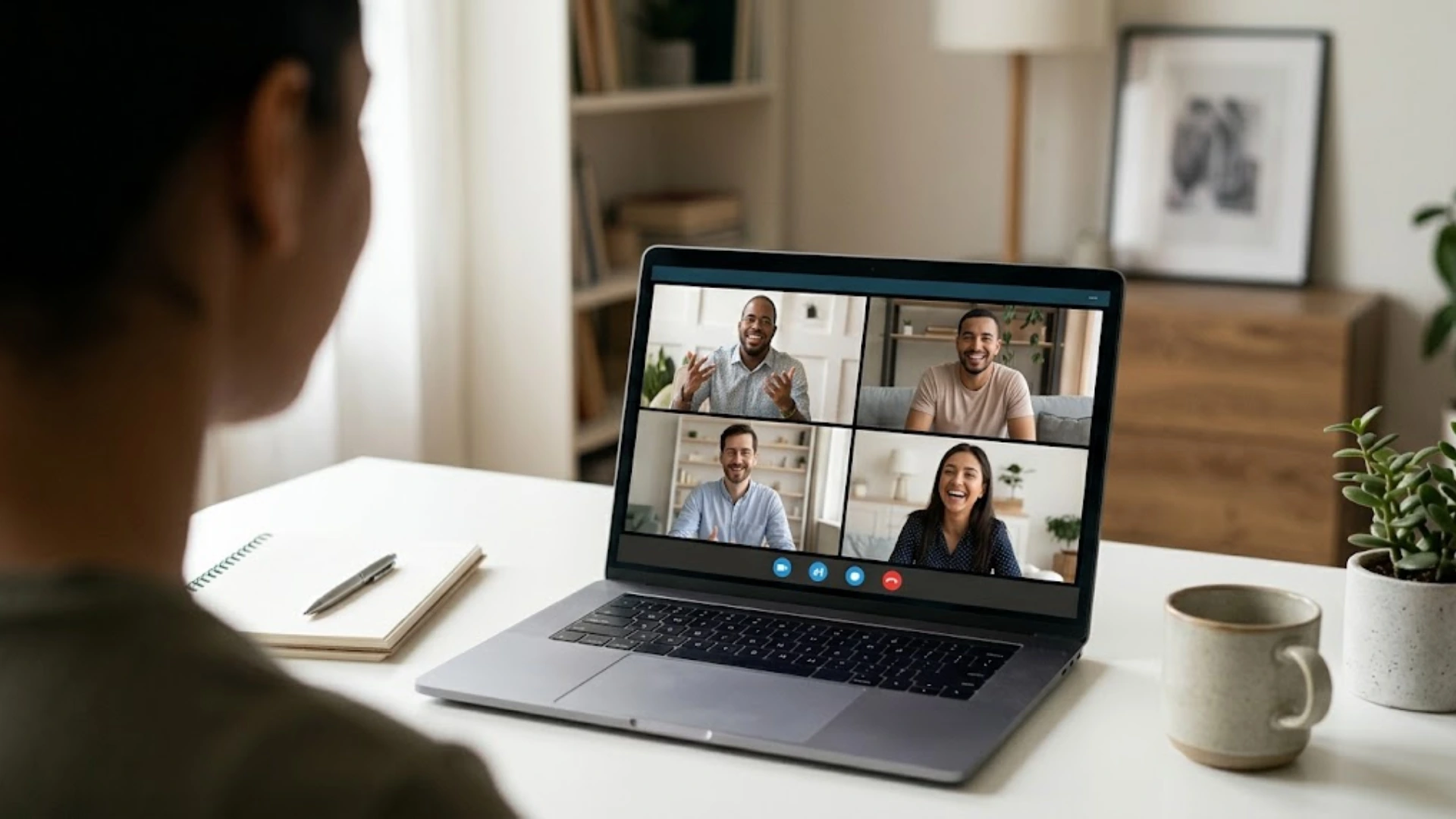 Person attending a virtual team meeting with four colleagues on a laptop.
