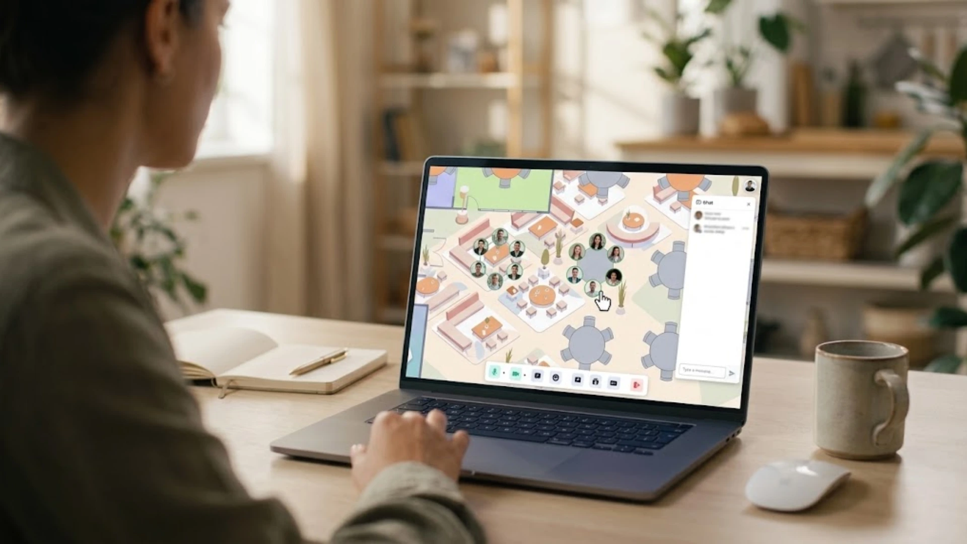 Person exploring a virtual event space with attendee profiles and interactive networking features on a laptop.
