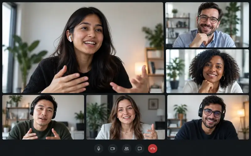 Diverse professionals participate in a virtual mentoring session through a multi-person video call.