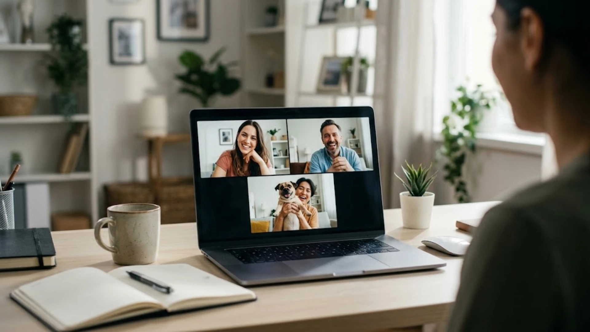 Woman working from home having a casual video call on her laptop with three friends, including one holding a dog.