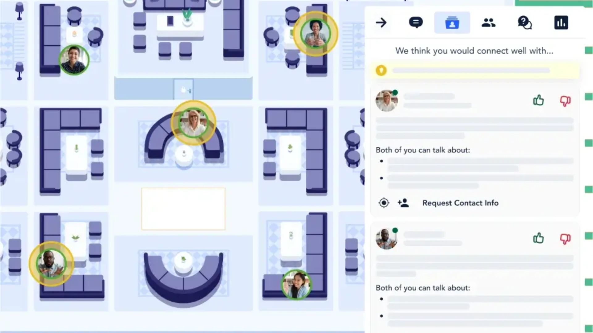 Virtual event platform interface showing a digital floor plan with user avatars seated at virtual tables.