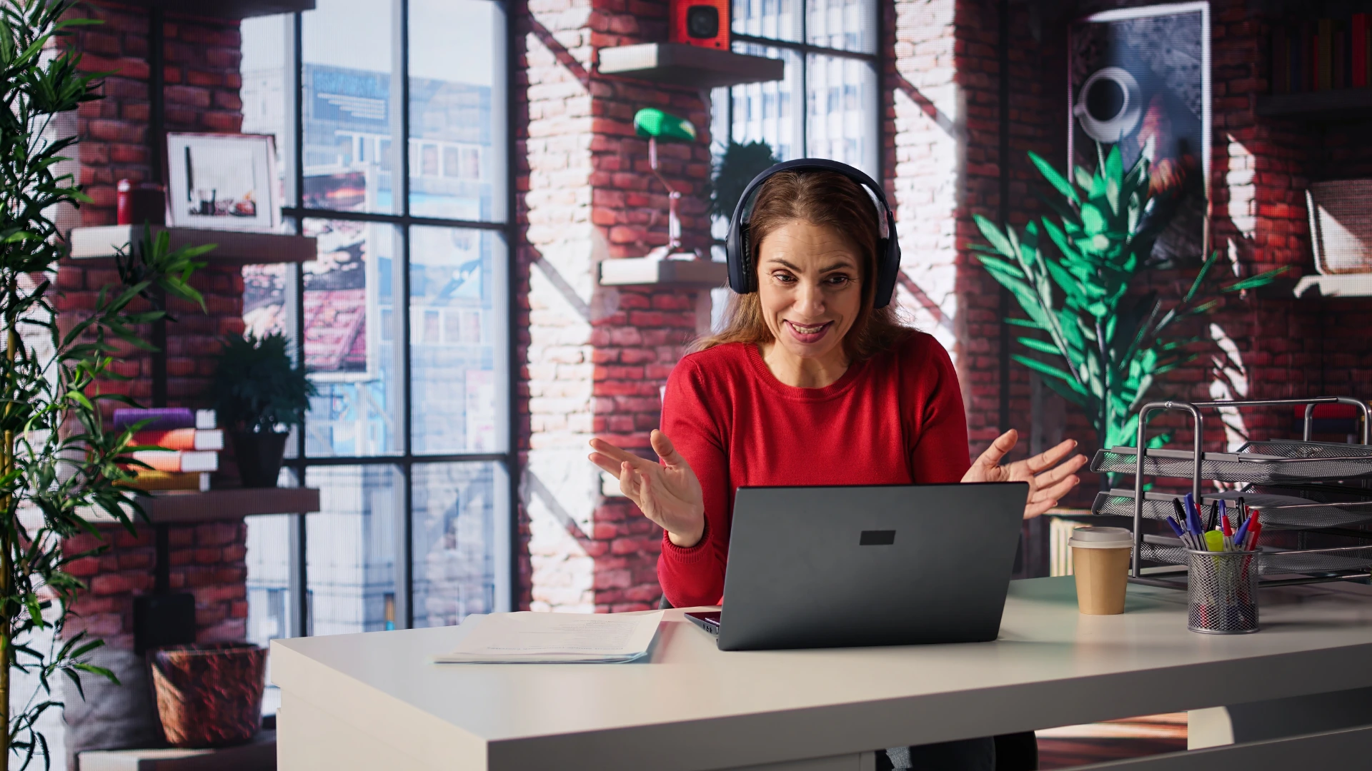 Cheerful woman wearing wireless headphones actively gesturing and talking during an online video meeting in a modern brick-wall office.