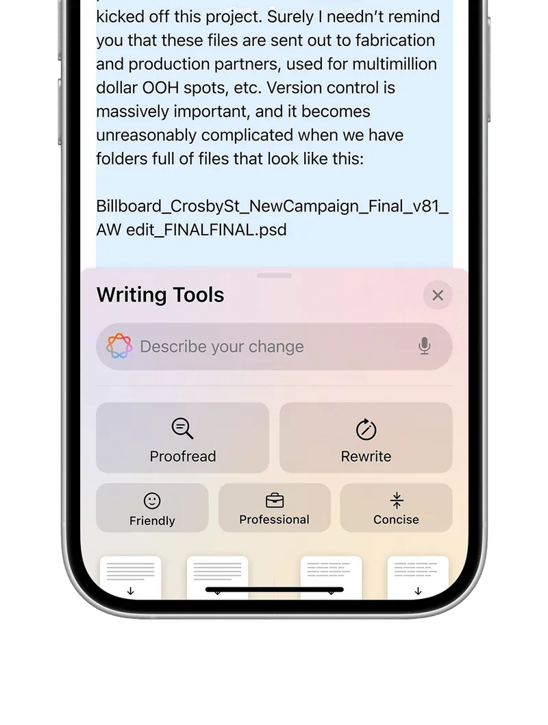 An iPhone showing AI making suggestions to an email.