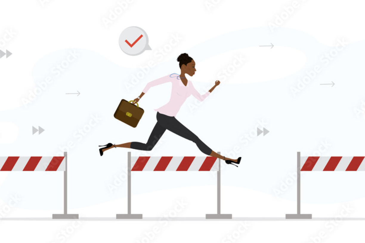 Illustration of a businesswoman carrying a briefcase leaping over red-and-white hurdles, with a tick icon above and faint directional arrows in the background.