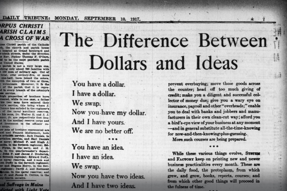 Black-and-white scan of a 1917 newspaper page featuring a large headline reading “The Difference Between Dollars and Ideas” with smaller article text beneath and surrounding columns.