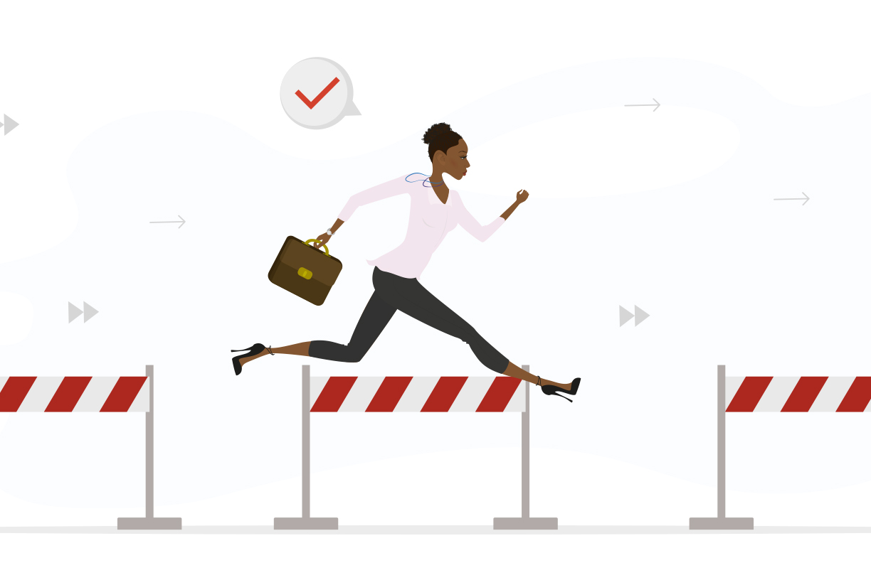 Illustration of a businesswoman carrying a briefcase leaping over red-and-white hurdles, with a tick icon above and faint directional arrows in the background.