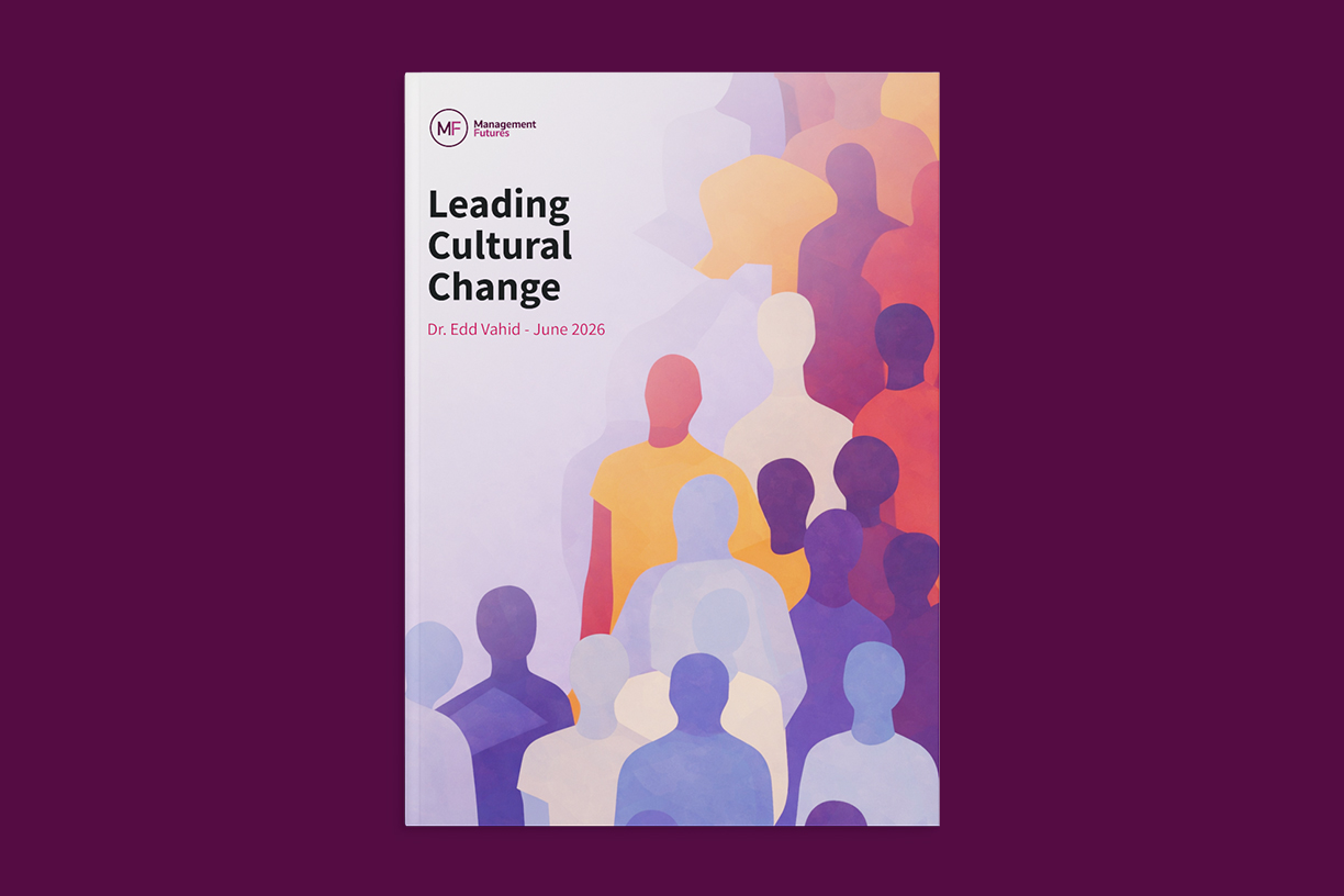 Cover of Management Futures’ Leading Cultural Change paper by Dr Edd Vahid, set against a deep purple background.