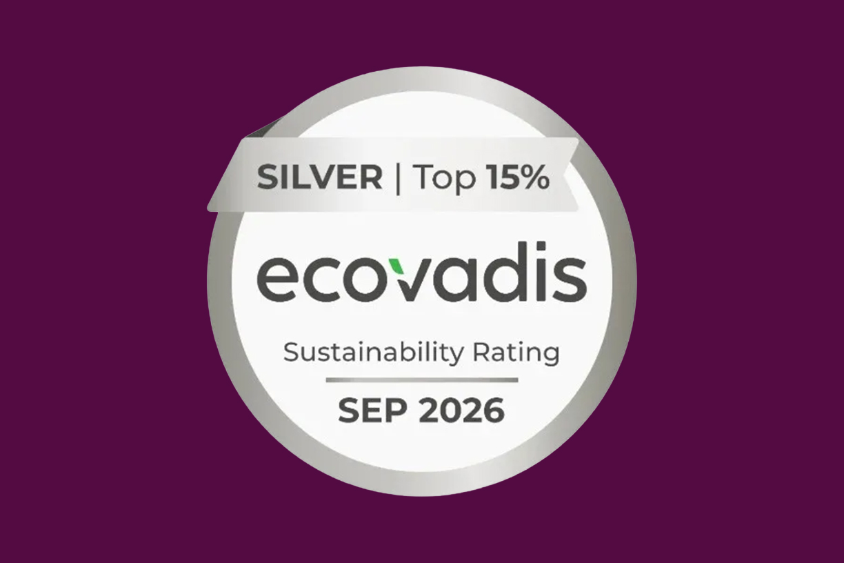 ECOVADIS Silver Medal badge on MF Purple background