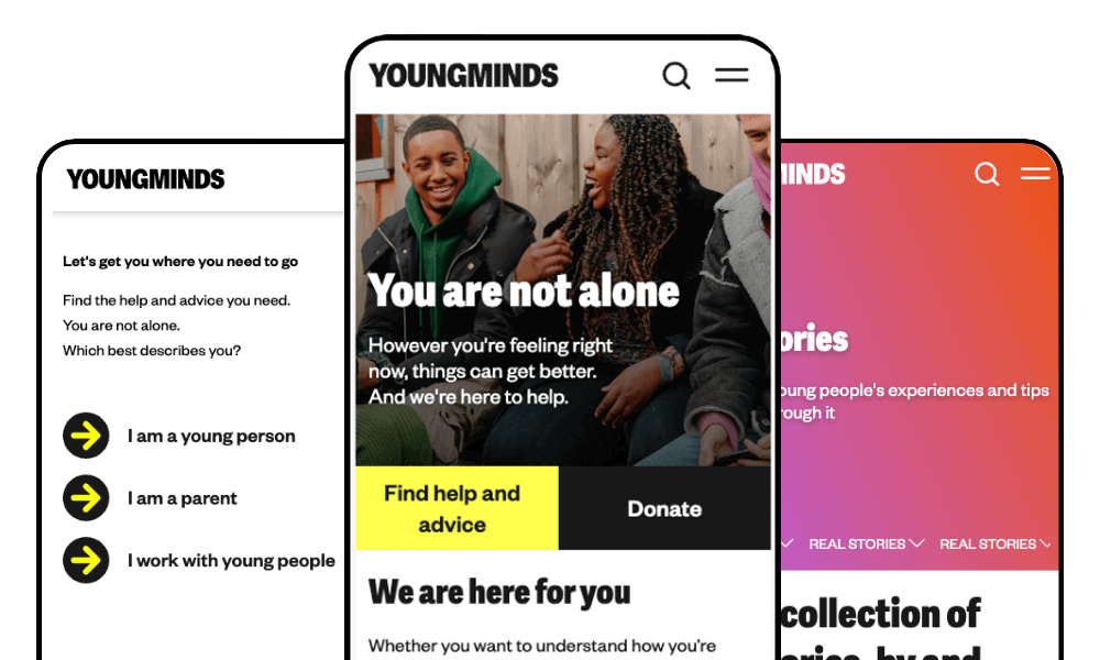 Three screenshots of YoungMinds website displayed on mobile devices