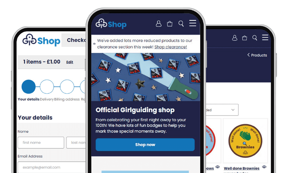 Three screenshots of Girlguiding website on mobile devices