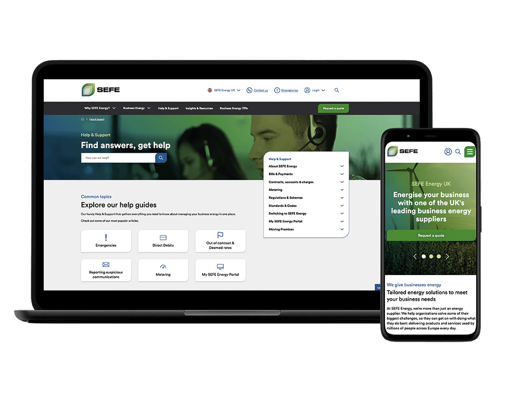 Screenshots of the SEFE Energy website on a laptop and mobile device