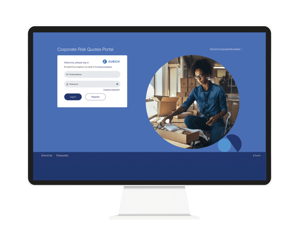 A screenshot of the Zurich portal login screen on a large imac screen