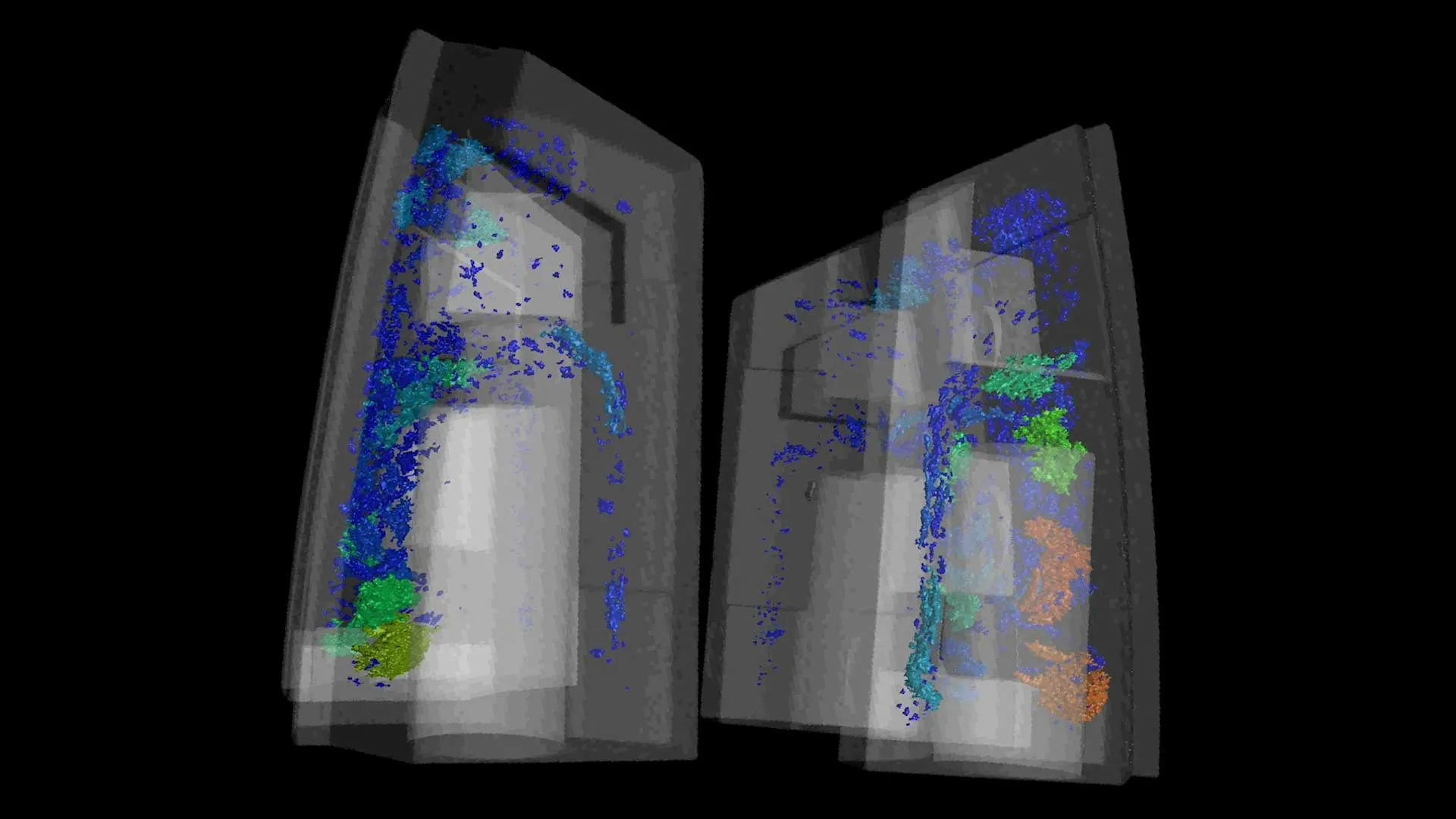 Computed tomography scan of a brake shoe showing porosity.