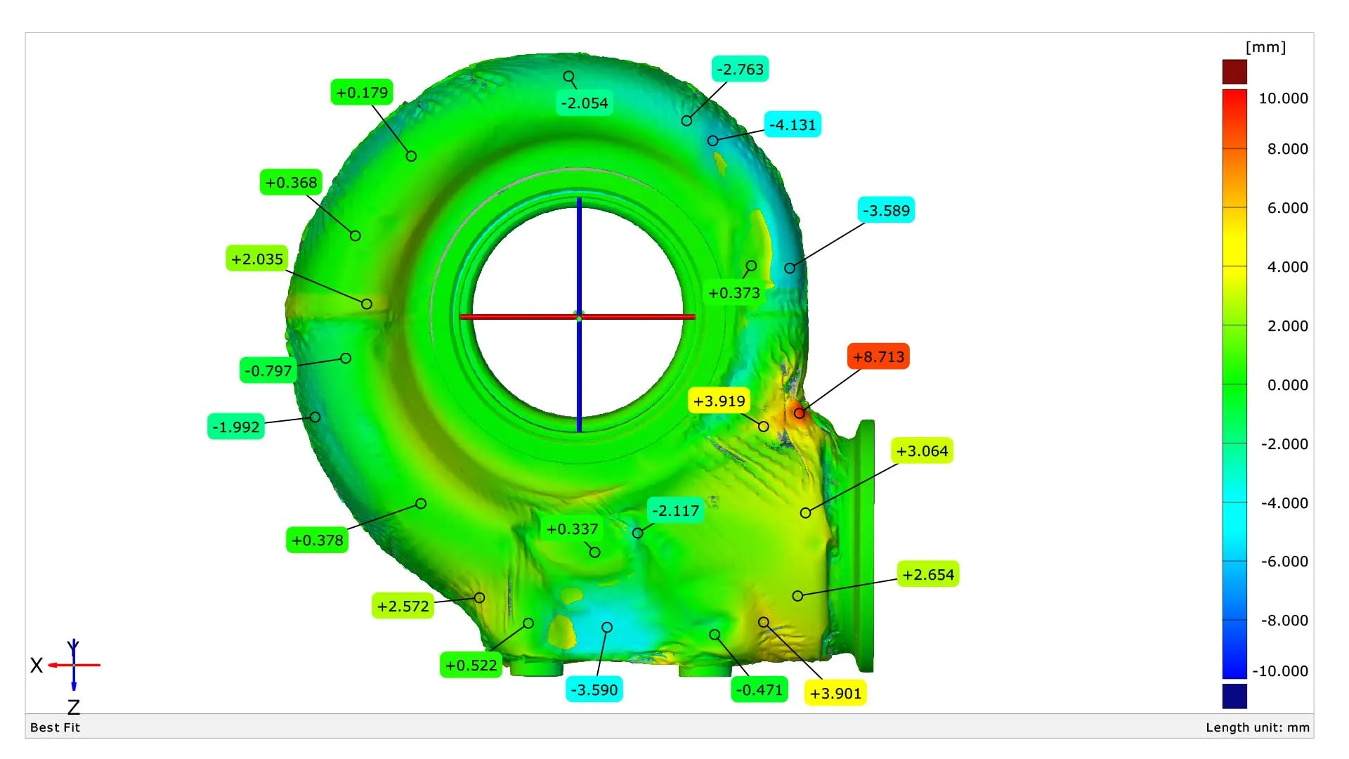 Colormap display from blue light data on a turbine housing.